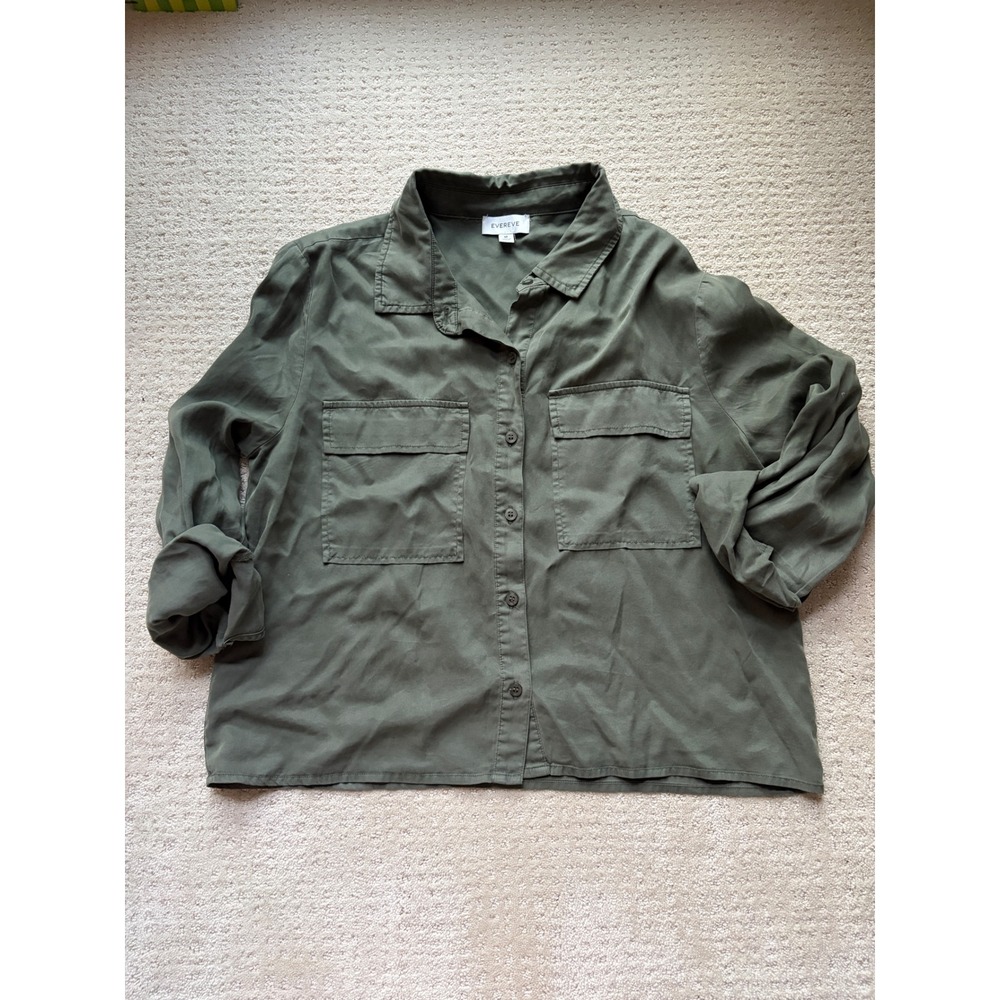 Evereve Button Down Shirt M Olive Green 100% Lyocell Utility Gorpcore Minimalist
